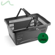 3 Cestas Plástica Supermercado Reforçada Cestinha Preto