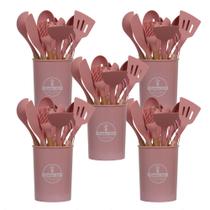 3 Conjunto Talheres de Silicone Com Cabo de Madeira Cor Rosa