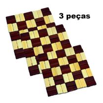 3 descanso de panela apoio de madeira bambu quadrado xadrez 14 cm