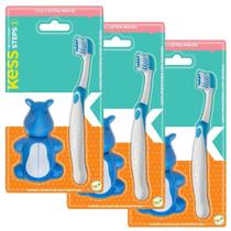 3 Escovas Dentais Azul Infantil Steps c/ Capa Protetora Kess