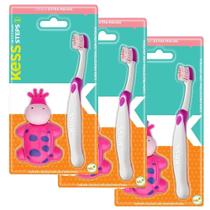 3 Escovas Dentais Rosa Infantil Steps c/ Capa Protetora Kess
