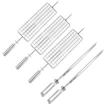 3 Espetos Grelha Para Peixes + 2 Espetos Espada Picanha Inox 3 Espetos Grelha Para Peixes + 2 Espetos Espada Picanha Inox