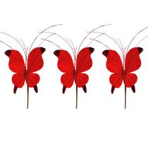 3 Flor Pick Natal Borboleta Vermelha Decorada Glitter 30Cm