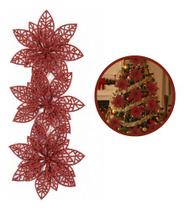 3 Flores Artificial Árvore Natal 10x9cm Decoração Glitter Vermelho Flores Glitter