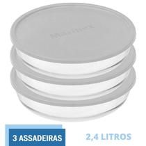 3 Formas Vidro Assadeira Travessa Redonda 2,4L Tampa Marinex