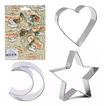 3 Forminha Molde Inox Massa Biscuit Biscoito Pão Estrela Lua 3 Forminha Molde Inox Massa Biscuit Biscoito Pão Estrela Lua