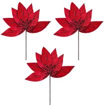 3 Galho Natalino Estilo Leque Folhas Vermelho Glitter 50Cm - Magizi