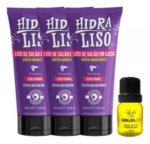 3 Hidraliso Progressiva de Chuveiro Liso de Salão em Casa + Argan Oil Hidraliso Edição Especial