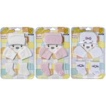 3 Kit Toucas Meias Luvas Confortável Para Bebês Menina Recém Nascido