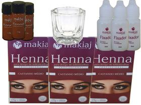 3 Kits de Henna para Sobrancelhas Makiaj Makeup 1,5g Henna e 10ml fixador + 1 Copo Dappen Combo