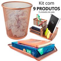 3 Kits Escritório Bandeja Organizadora Lixeira Aramada Rose Gold