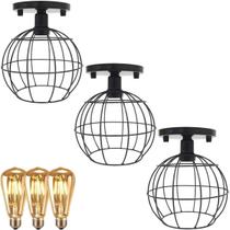 3 Lustre Teto Plafon + 3 Lâmpada Led St64 Industrial Aramado Globo Retrô Luminária Vintage