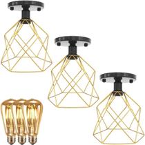 3 Lustres Teto Plafon + 3 Lâmpadas Led St64 Industrial Aramado Cálice Dourado Retrô Vintage Preto