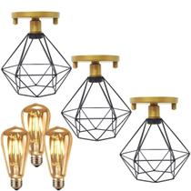 3 Lustres Teto Plafon + 3 Lâmpadas Led St64 Industrial Aramado Diamante Preto Retrô Vintage Dourado