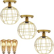 3 Lustres Teto Plafon + 3 Lâmpadas Led St64 Industrial Aramado Globo Retrô Vintage Dourado