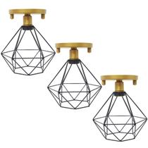 3 Lustres Teto Plafon Industrial Aramado Diamante Preto Retrô Luminária Vintage Dourado Agp Ilumini