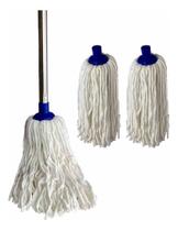 3 Mop Refil Esfregão + Cabo Aço Cromado Limpeza Pisos Geral