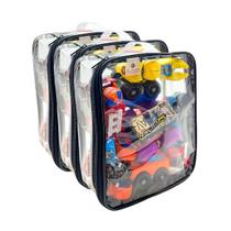 3 Organizadores de Brinquedo Blocos Montar Bonecas Carrinhos Robusto impermeável Transparente C/alça