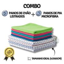 3 panos de pia microfibra coloridos + 5 panos de chão listrados limpeza 43x65cm