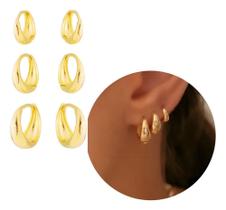 3 Pares Brinco Trio De Argola Gota Clicker Ouro 18K Banhada