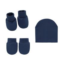 3 Pcs Baby Anti Scratching Gloves Foot Cover Hat Cute Turban Beanie Soft Cotton Comfy No Scratch Mittens Ankle Socks - Navy Blue