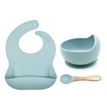 3 Pcs Baby Bibs+Suction Dish Bowl Plate+Spoon Set Waterproof Food Grade Silicone Newborn Ajustável Burp Aprons - Azul