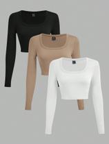 3 Peças/Conjunto Camisetas Cropped de Manga Longa com Gola em U Minimalista e Casual