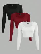 3 Peças/Conjunto Camisetas Cropped de Manga Longa com Gola em U Minimalista e Casual