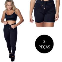 3 peças fitness academia cintura alta com cadarço, Top, Calça, Short Zero Transparencia