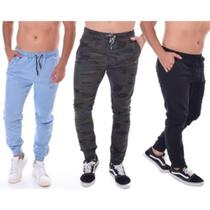 3 Peças Kit Calça Jeans Joguer Cores Masc Preto Azul Bege