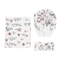 3 peças Newborn Baby Floral Print Swaddle Wrap Knoted Beanie Hat Bowknot Headband Set Infant Receiving Blanket Shower Gifts - 1