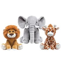 3 Pelúcias Baby Safari Leãozinho Girafinha e Elefante para Decoração de Quarto do Bebê