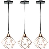 3 Pendente Aramado Diamante Luminária Lustre Luxo Pequeno Teto Retrô Agp Ilumini Industrial