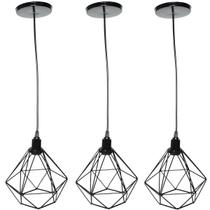 3 Pendente Aramado Diamante Luminária Lustre Luxo Pequeno Teto Retrô Agp Ilumini Industrial