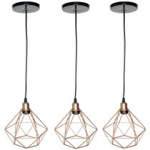 3 Pendente Aramado Diamante Luminária Lustre Luxo Pequeno Teto Retrô Agp Ilumini Industrial