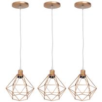 3 Pendente Aramado Diamante Luminárias Lustre Cabo Cristal Teto Retrô Cobre Rose Gold AgpIlumini