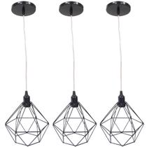 3 Pendente Aramado Diamante Luminárias Lustre Cabo Cristal Teto Retrô Preto Agp Ilumini