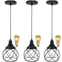 3 Pendente Aramado Esfera Balonê + 3 Lâmpada Lustre Luminária Teto Regulável Sala Cozinha Industrial