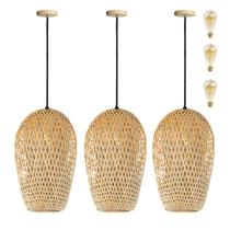 3 Pendente Bambu De Fibra Natural Boho Sala Nat63 + Led