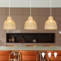 3 Pendente Fibra Natural Em Bambu Bancada Nat52 + Led