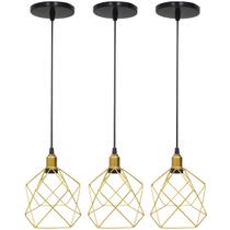 3 Pendentes Aramado Cálice Luminária Lustre Luxo Teto Retrô Vintage Dourado Agp Ilumini Industrial