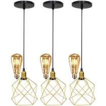 3 Pendentes Aramado Cálice Luminária Lustre Retrô Balcão + 3 Lâmpadas Led ST64 Vintage Teto