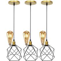 3 Pendentes Aramado Cálice Luminária Lustre Retrô Balcão + 3 Lâmpadas Led ST64 Vintage Teto