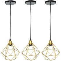 3 Pendentes Aramado Diamante Cabo 1,5 Mt Luminária Lustre P Teto Retrô Dourado Agp Ilumini