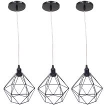 3 Pendentes Aramado Diamante Luminária Lustre Cabo Cristal 1,5 Mt Preto P Teto Retrô Balcão Agp