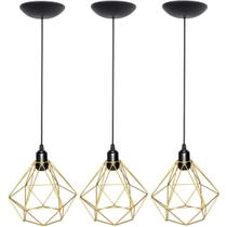 3 Pendentes Aramado Diamante Luminária Lustre P Teto Retrô Vintage Industrial Balcão Agp Ilumini