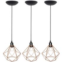 3 Pendentes Aramado Diamante Luminária Lustre P Teto Retrô Vintage Industrial Balcão Agp Ilumini