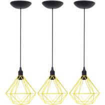 3 Pendentes Aramado Diamante Luminária Lustre P Teto Retrô Vintage Industrial Balcão Amarelo