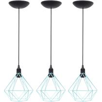 3 Pendentes Aramado Diamante Luminária Lustre P Teto Retrô Vintage Industrial Balcão Azul Turquesa