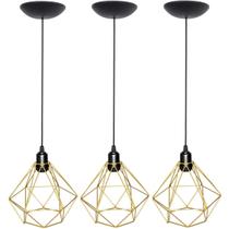 3 Pendentes Aramado Diamante Luminária Lustre P Teto Retrô Vintage Industrial Balcão Dourado